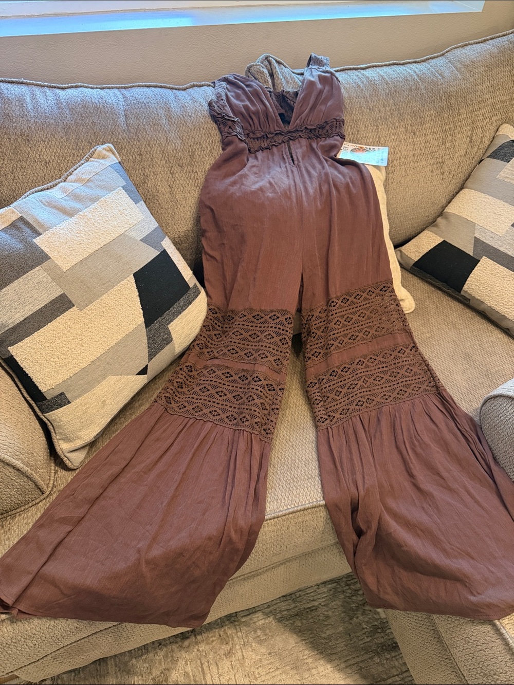 Forever 21 Mauve Lace-Trim Wide-Leg Jumpsuit